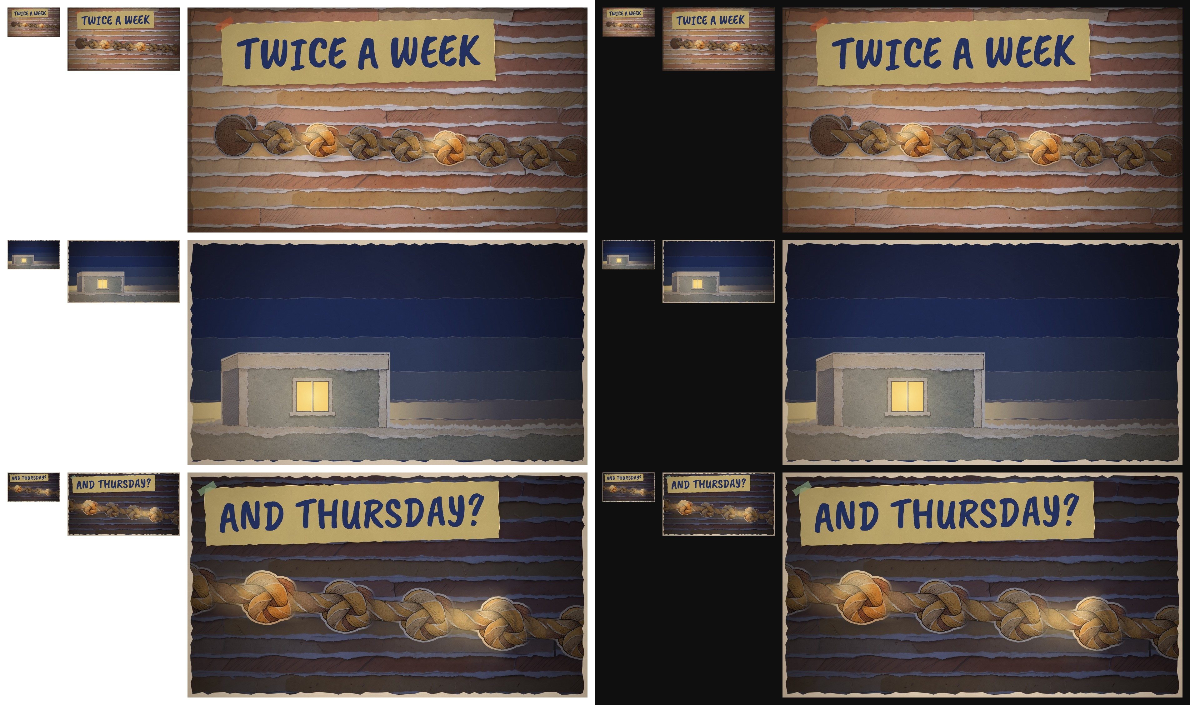 Thumbnails at phone and desktop sizes on white and dark